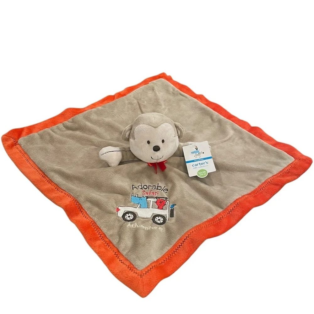 Carters Adorable Safari Adventure Monkey Lovey Rattle Satin Back Tan Orange NWT